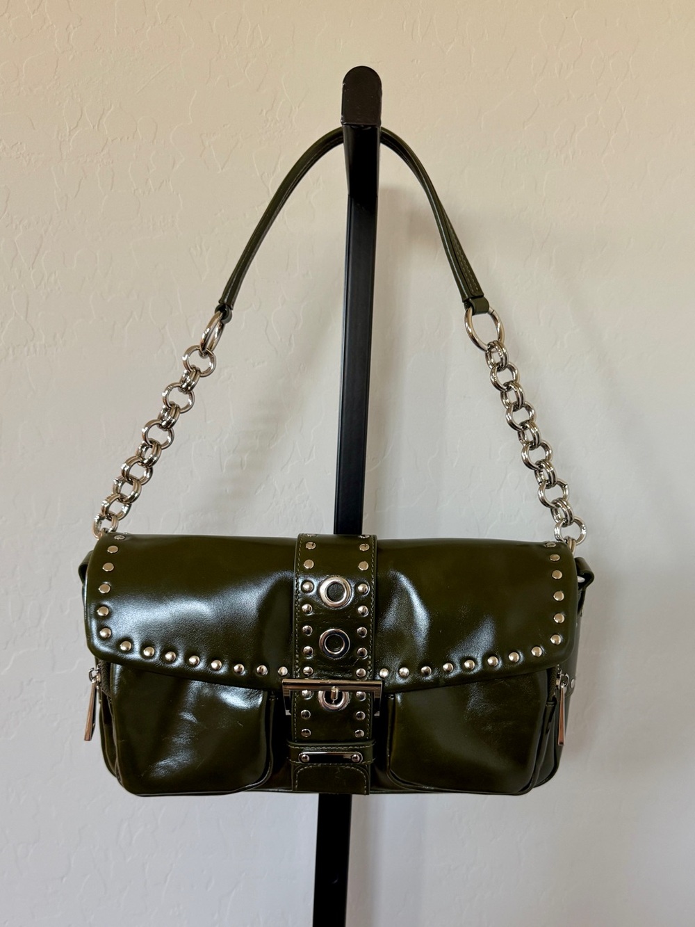Jeffrey Campbell Olive Green Studded Shoulder Bag with Silver Chain